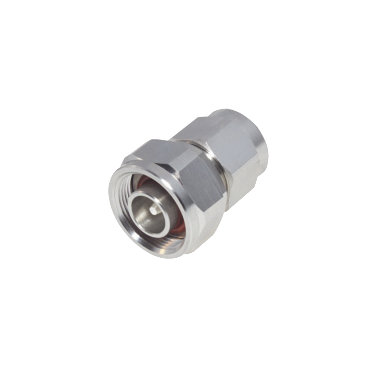 RFD-43M-NM Adaptador en Línea de Conector 4.3-10 Macho a N Macho, Bronce Blanco/ Plata/ Teflón.