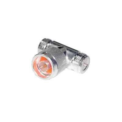 RFN-1010-1 Adaptador en T, de Conector N Macho a Doble N Hembra, Plata/ Oro/ Teflón.
