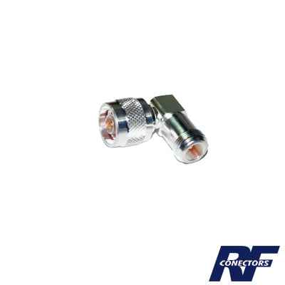 RFN-1012-1 Adaptador en Ángulo Recto, de Conector N Macho a N Hembra, Plata/ Oro/ Teflón.