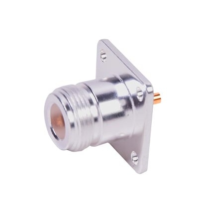 RFN-1021 Conector N Hembra para Montaje Frontal en Panel con 4 Perforaciones a 18 mm, Plata/ Oro/ Teflón.