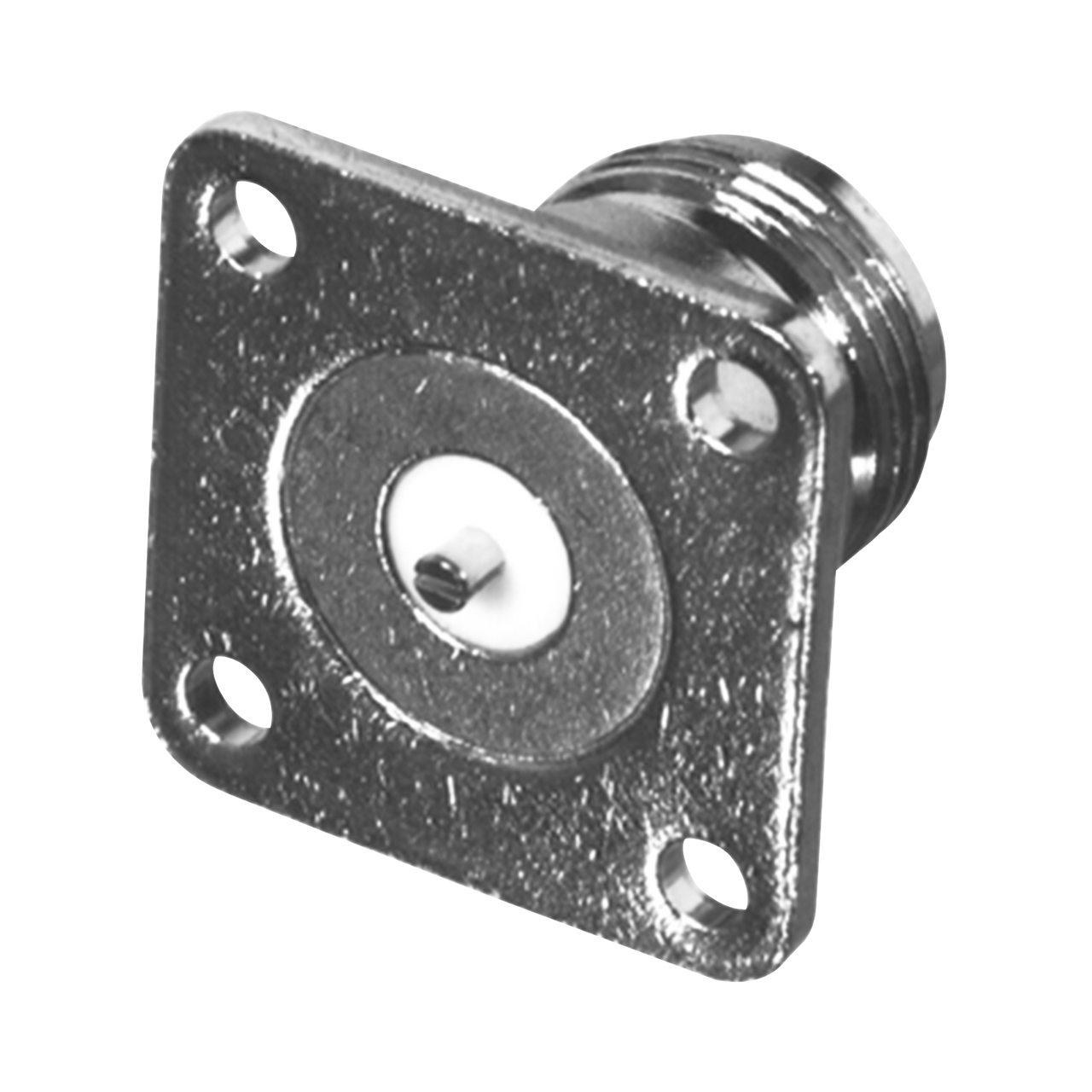 RFN-1021-14 Conector N Hembra de Montaje en Panel Frontal de 4 Perforaciones a 18 mm. con Contacto Ranurado, Níquel/ Oro/ Teflón.
