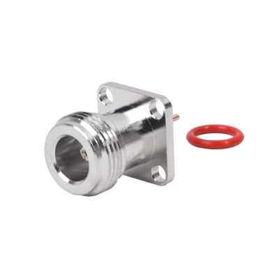 RFN-1021-5 Conector N Hembra de Montaje de Panel con 4 perforaciones a 12.7 mm, soldable.
