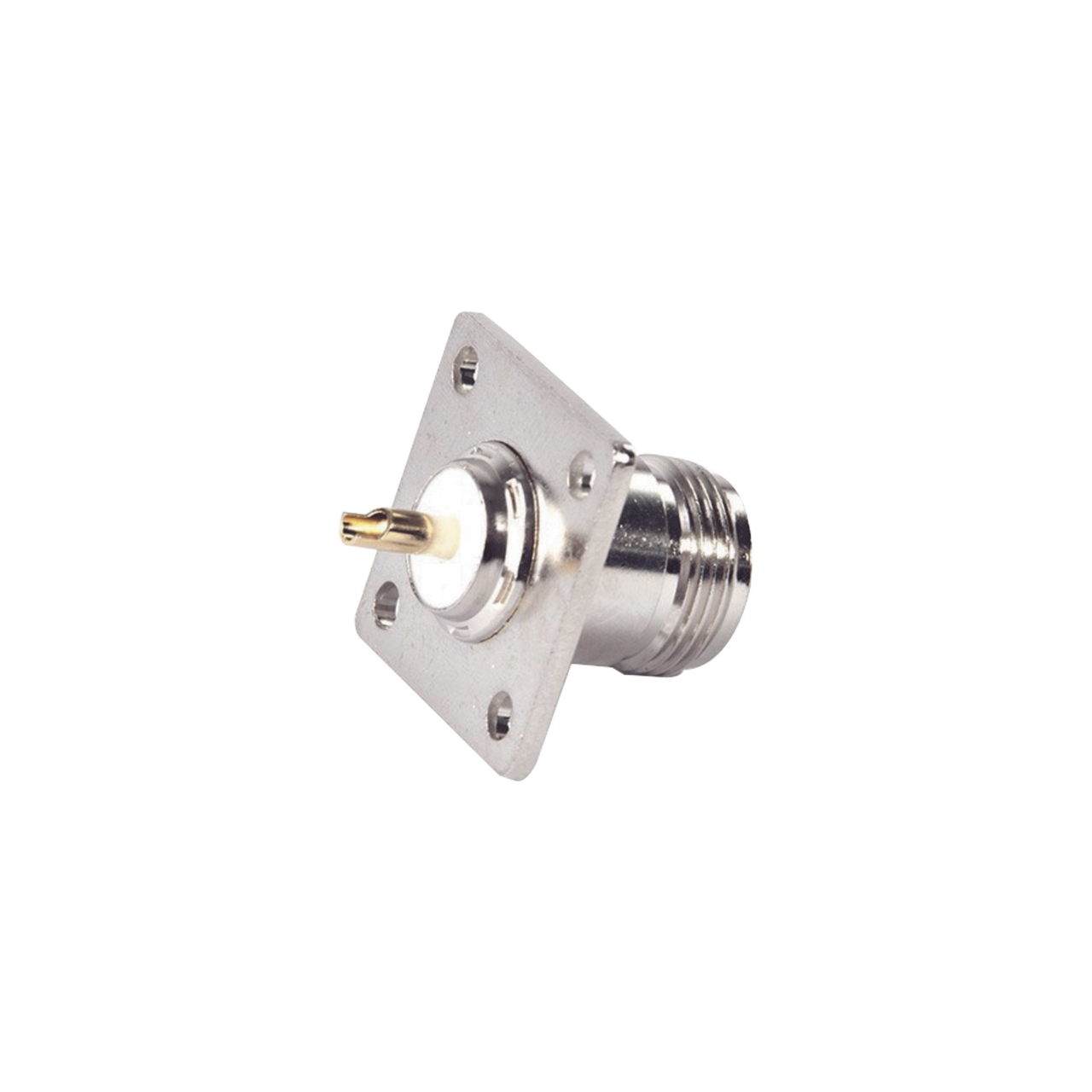 RFN-1021-SYS Conector N Hembra para Montaje en Panel, 4 perforaciones a 18 mm, PIN Largo, Plata/ Oro/ Teflón.
