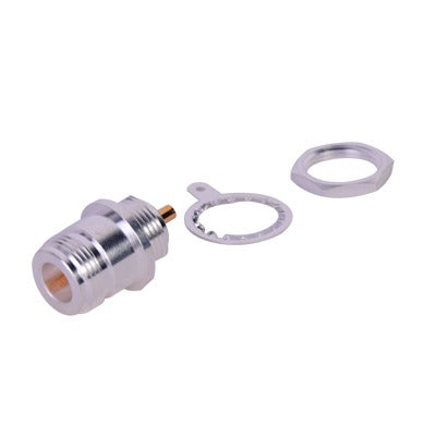 RFN-1022-1 Conector N Hembra, para Montaje Frontal en Panel, Doble D Plano, Plata/ Oro/ Teflón.
