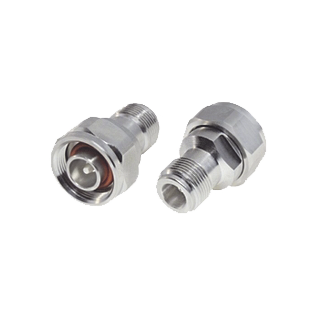 RFN-1046-4 Adaptador en Línea, de N Hembra a (Mini) DIN 4.1-9.5 Macho, PIM -155 dBc, Bronce Blanco/ Plata/ Teflón.