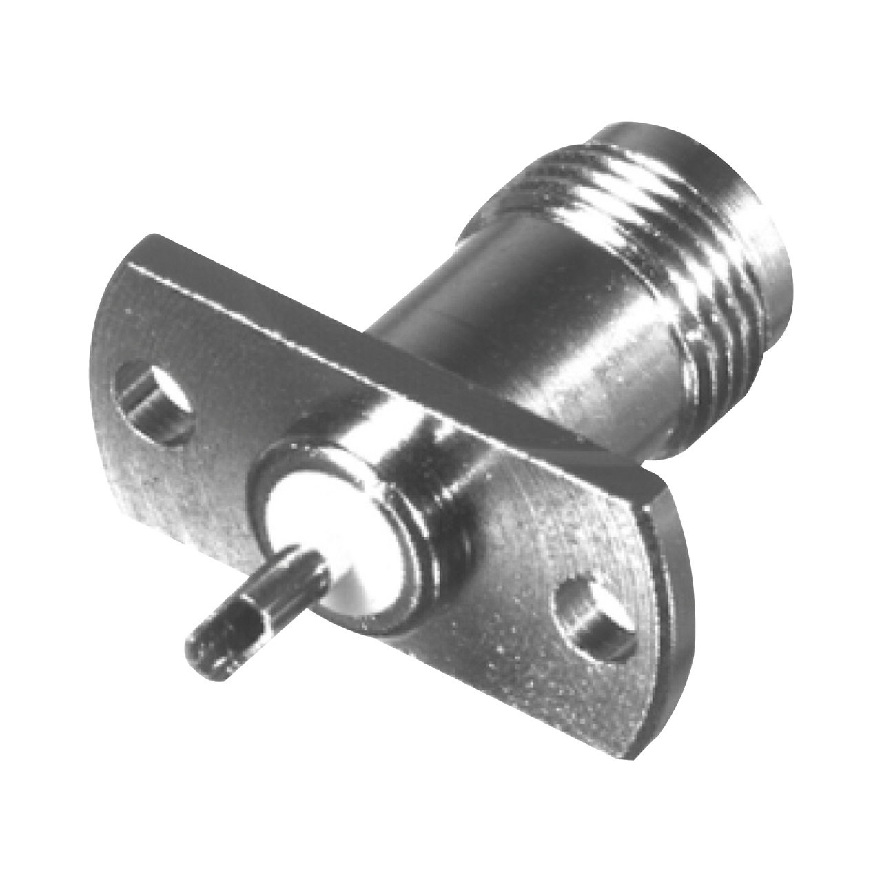 RFT-1210-03 Conector TNC Hembra para Chasis de 2 Perforaciones de 18 mm, Terminal Soldable, Níquel/ Oro/ Teflón.