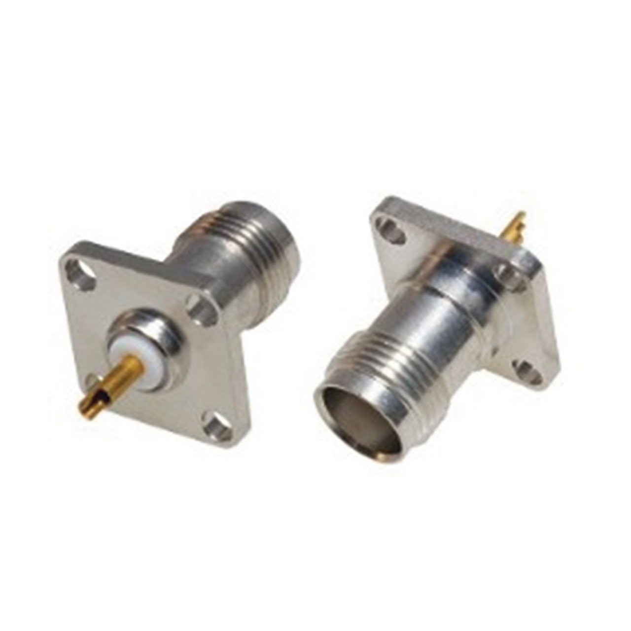 RFT-1210-WB Conector TNC Hembra para Chasis de 4 Perforaciones de 13 mm, Terminal Soldable, Bronce Blanco/ Oro/ Teflón.