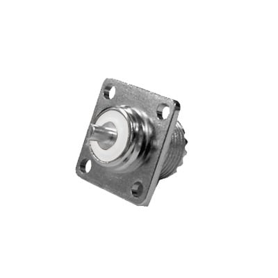 RFU-521-ST  Conector UHF Hembra (SO-239) para Montaje de Chasis con 4 Hoyos a 18 mm, Terminal Soldable, Plata/ Oro/ Teflón.