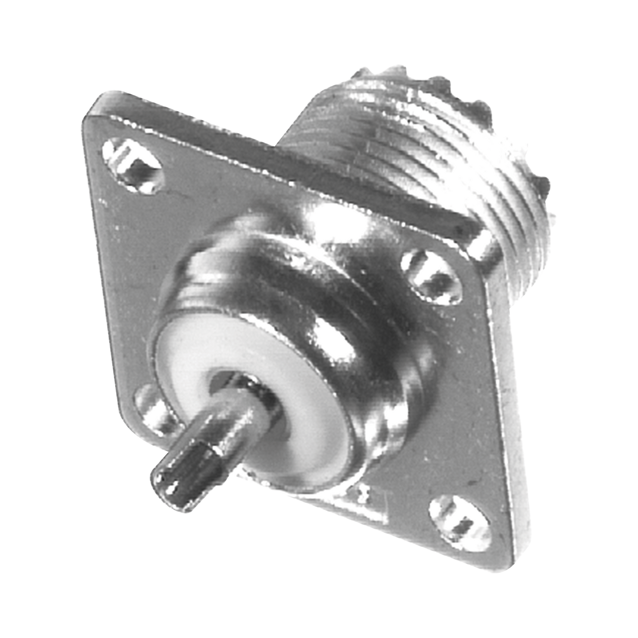 RFU-521-WBT  Conector UHF Hembra (SO-239) para Chasis 18 mm, Terminal Soldable, Bronce Blanco/ Oro/ Teflón.