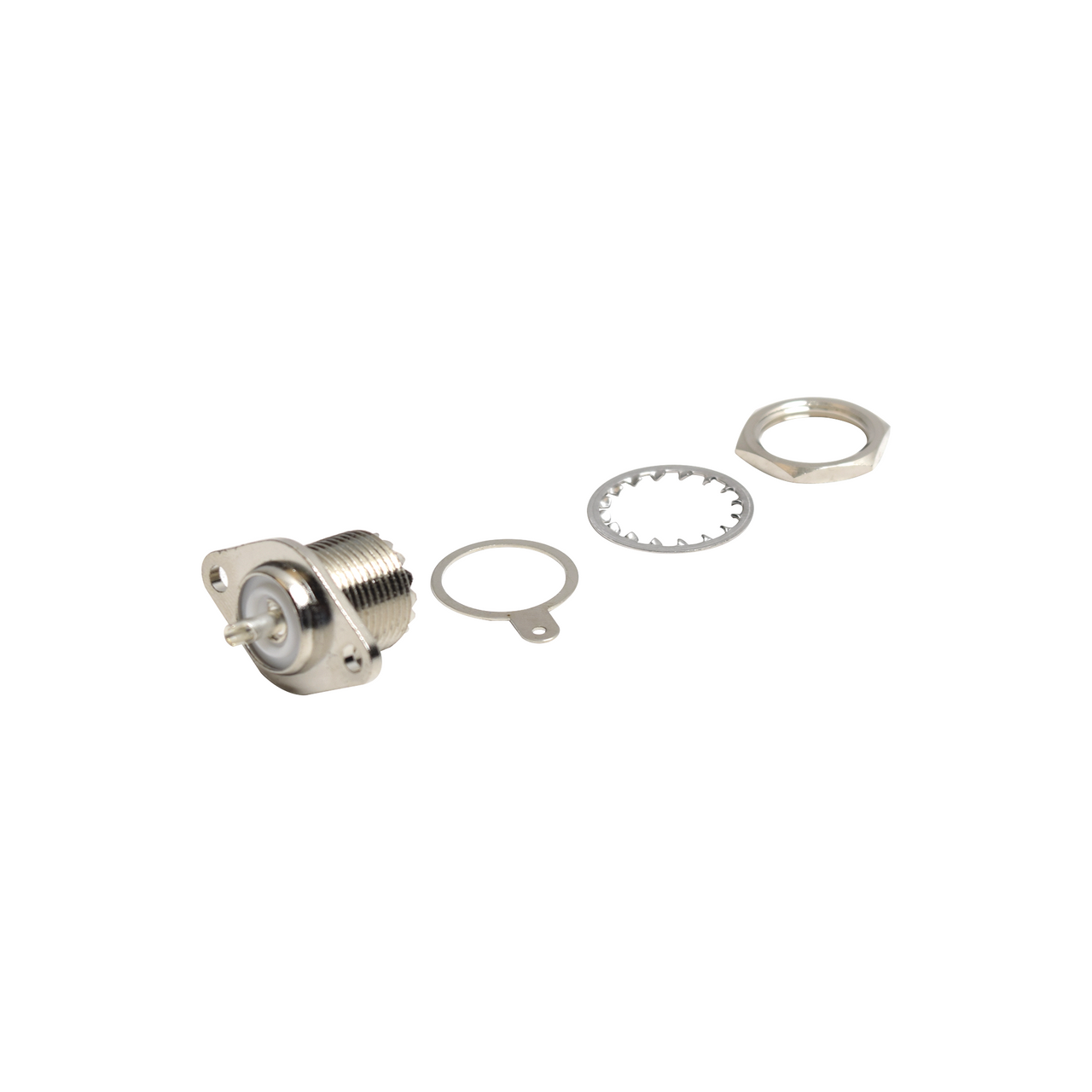 RFU-522 Conector UHF Hembra (SO-239-2H) para Chasis, Doble Perforación, Conductor Central Soldable, Níquel/ Plata/ PBT.