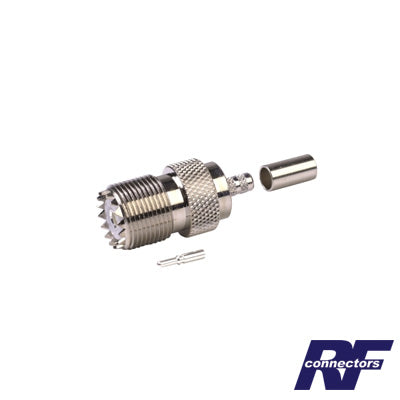 RFU-527 Conector UHF Hembra (SO-239) en Línea, de Anillo Plegable para Cable RG-58/U, RG-142/U, Níquel/ Plata/ Delrin.