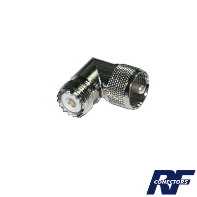 RFU-532 Adaptador en Ángulo Recto, de Conector UHF Macho (PL-259) a UHF Hembra (SO-239), Níquel/ Oro/ Delrin.