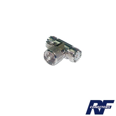 RFU-533 Adaptador en forma T, de Conector UHF Macho (PL-259) a Doble UHF Hembra (SO-239), Níquel/ Plata/ Delrin.