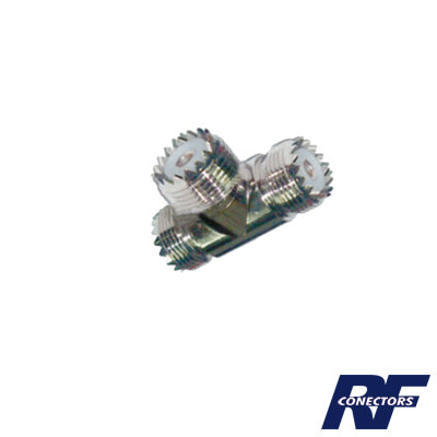 RFU-534 Adaptador en forma T, de Conector UHF Hembra (SO-239) a Doble Conector UHF Hembra, Níquel/ Plata/ Delrin.