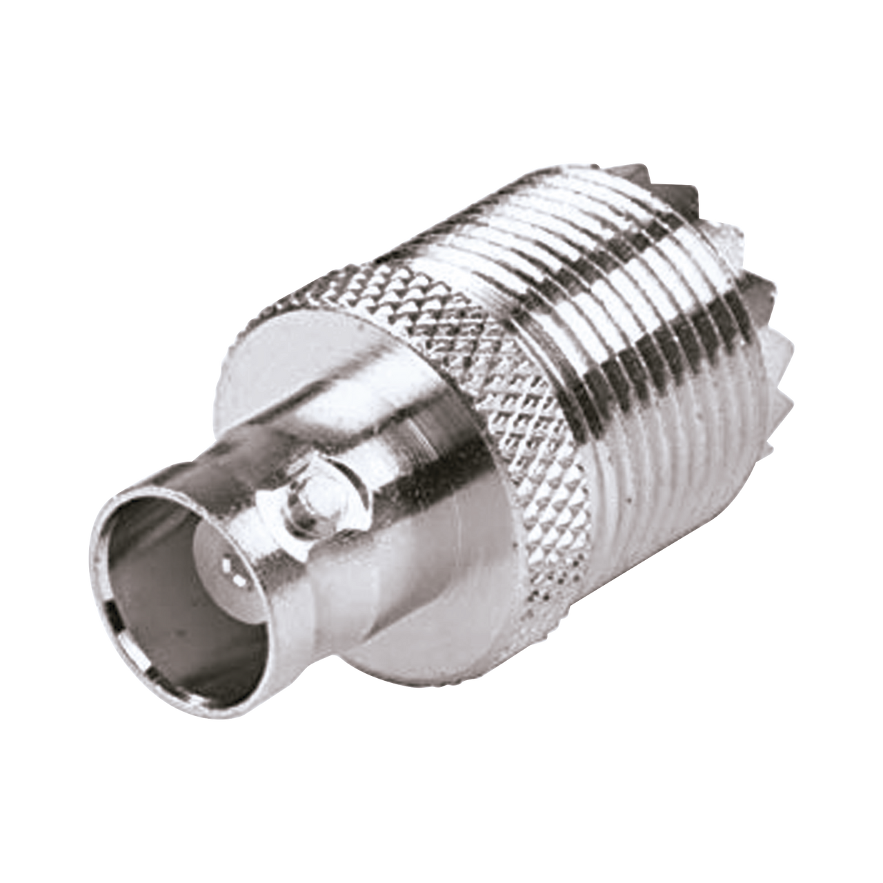 RFU-545 Adaptador en Linea para 50 Ohm, Conector UHF Hembra (SO-239) a BNC Hembra, Níquel/ Plata/ Delrin.