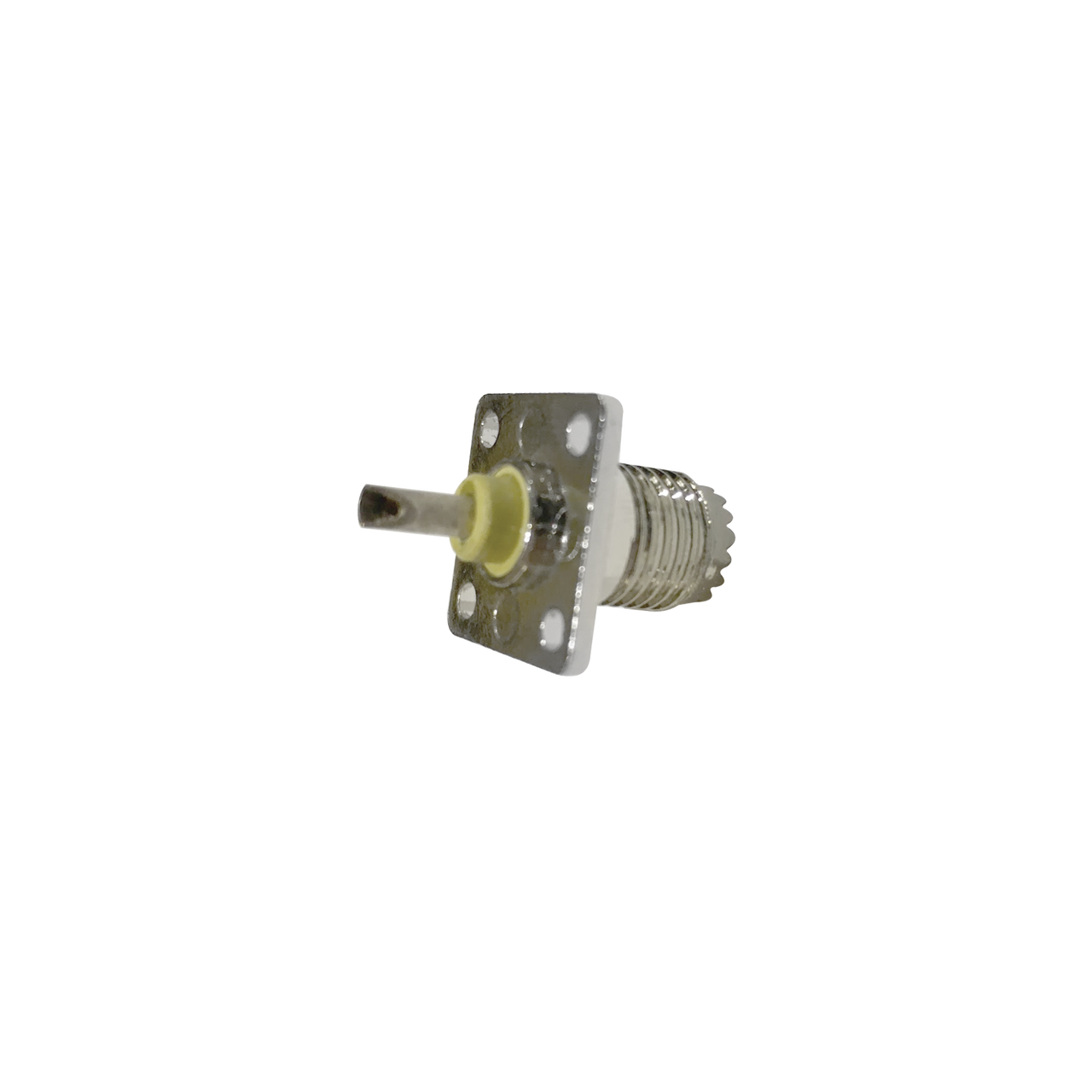 RFU-603-1 Conector Mini-UHF Hembra, de Montaje en 4 Perforaciones a 13 mm, Níquel/ Oro/ Baquelita.