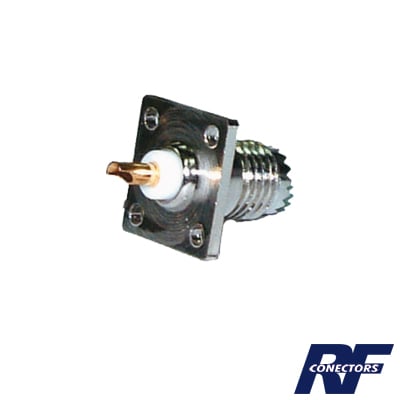 RFU-603 Conector Mini UHF Hembra para Montaje con 4 Perforaciones a 13 mm en Panel, Níquel/ Oro/ Teflón.