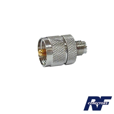 RFU-626 Adaptador en Línea de Conector Mini UHF Hembra a UHF Macho (PL-259), Níquel/ Oro/ Teflón.