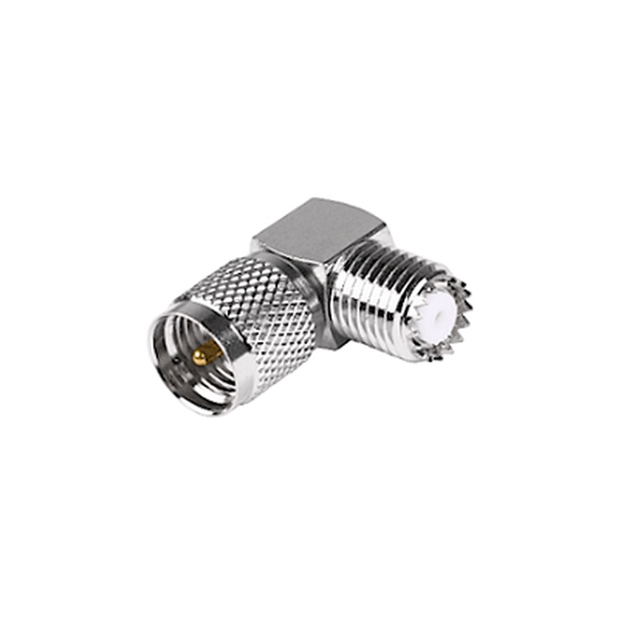 RFU-630-7 Adaptador en Ángulo Recto, de Conector Mini UHF Macho a Mini UHF Hembra, Cuerpo Cuadrado, Níquel/ Oro/ Teflón.