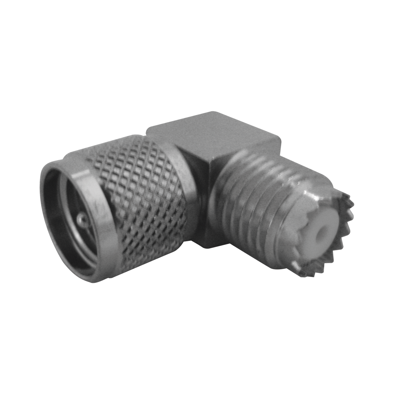 RFU-630-8 Adaptador en Ángulo Recto, de Conector Mini UHF Macho a Mini UHF Hembra, Cuerpo Cuadrado, Níquel/ Estaño/ Teflón.
