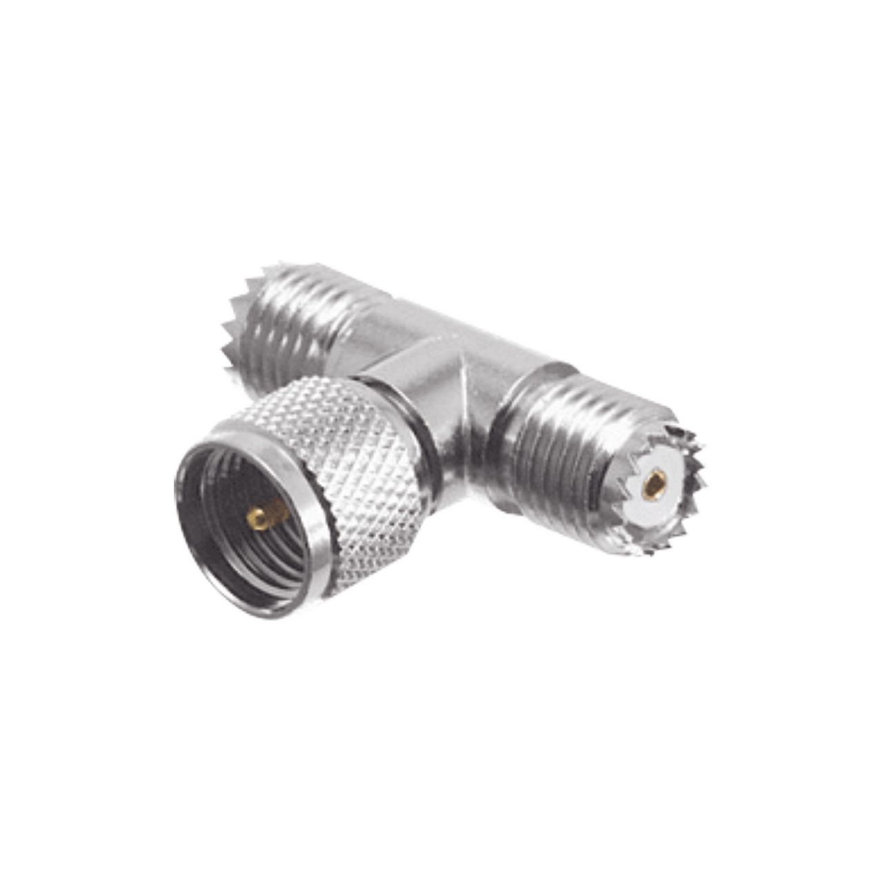 RFU-631 Adaptador en T de Conector Mini-UHF Macho a Doble Mini-UHF Hembra, Níquel/ Plata/ Teflón.