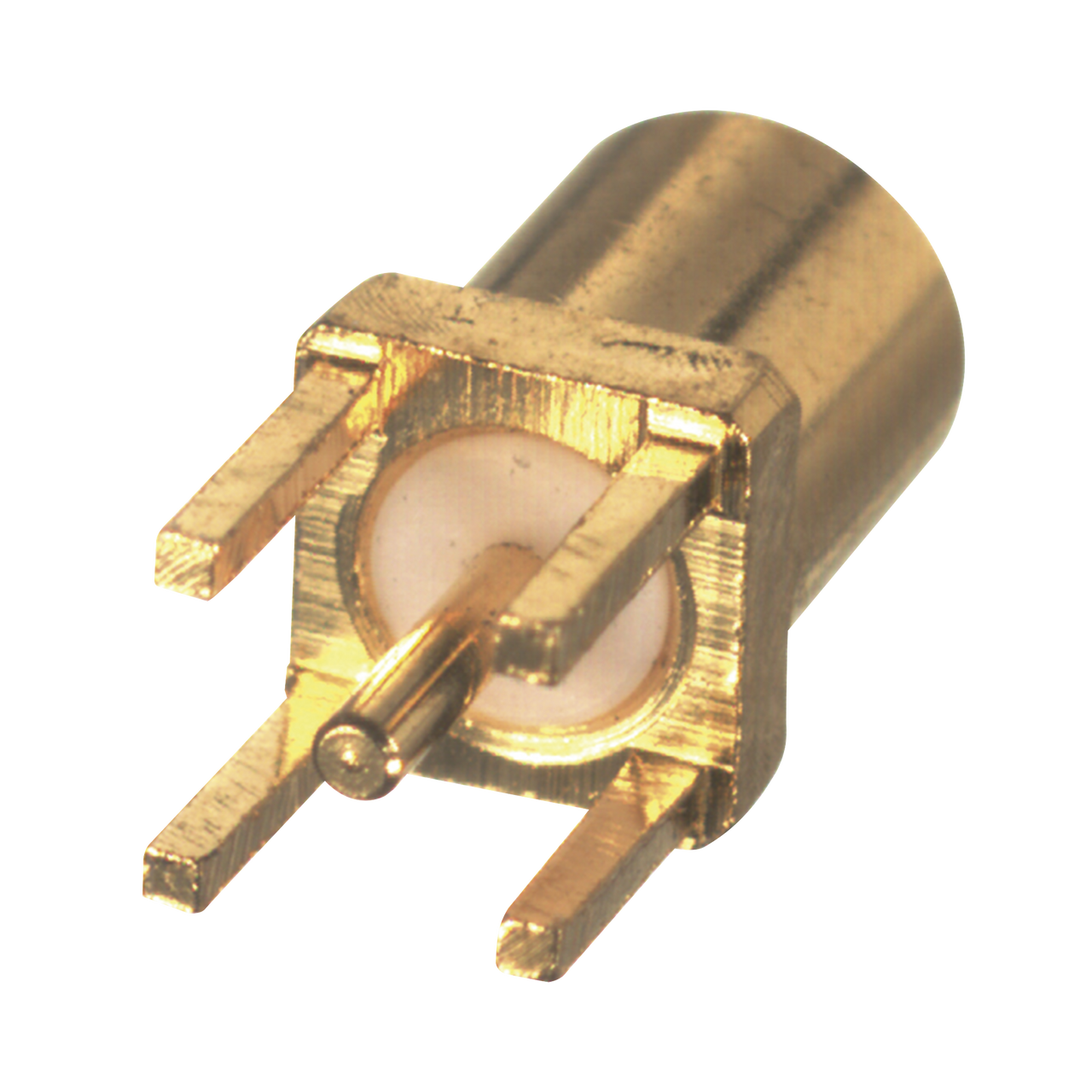 RMX-9350-1 Conector MMCX Hembra para Montaje Vertical con 4 Patas y Terminal para soldar en PCB, Oro/ Oro/ Teflón.