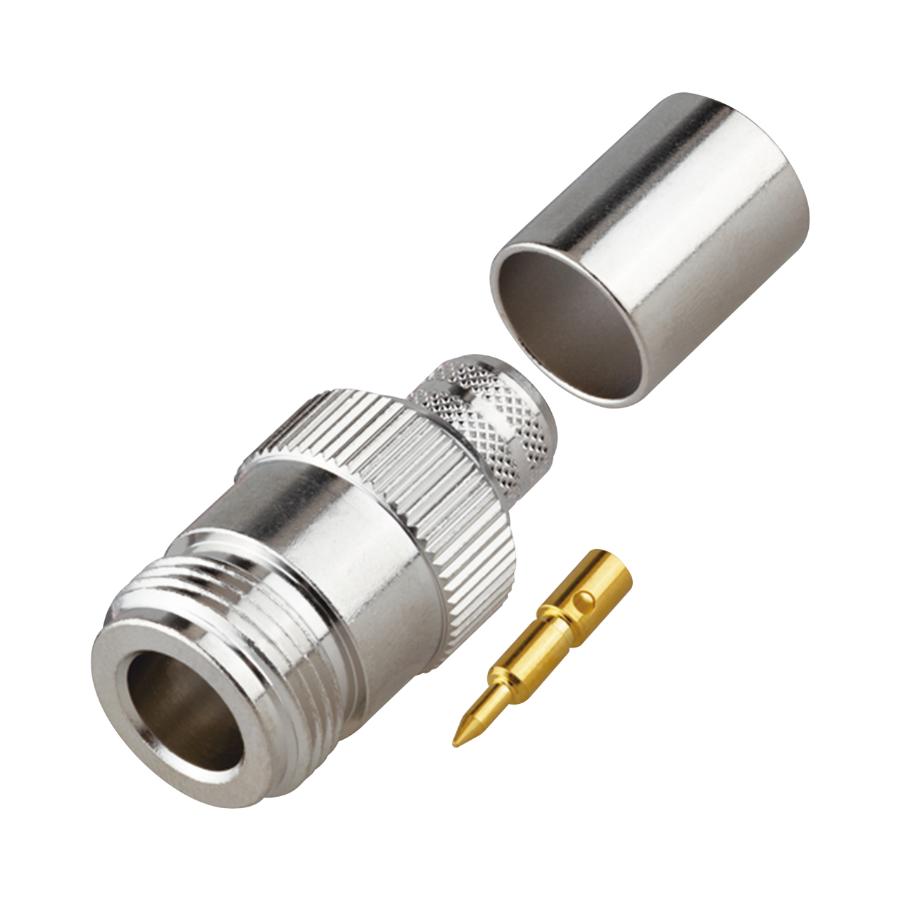 RP-1028-I Conector N Hembra Inverso de Anillo Plegable para Cables 9913, RG-8/U, LMR-400, Grupo I, Níquel/ Oro/ Teflón.
