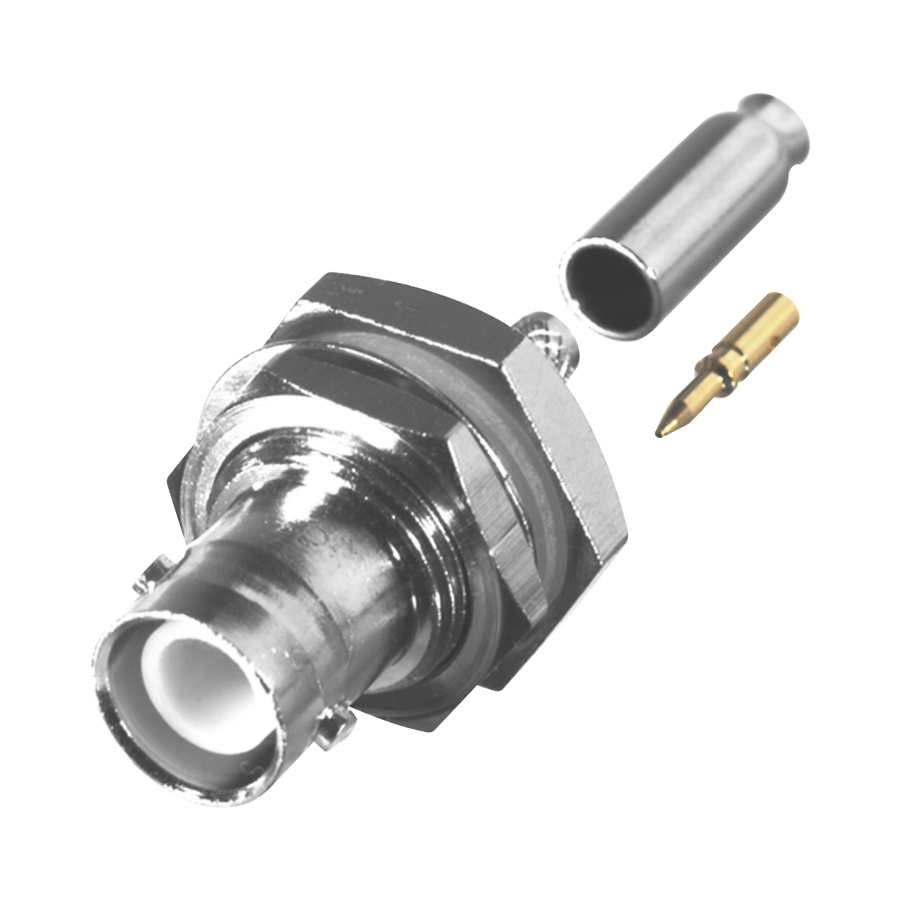 RP-1117-BT Conector BNC Hembra Inverso de Montaje Trasero en Panel, D-Plano, Hermético de Anillo Plegable para RG-174/U, Níquel/ Oro/ Teflón.
