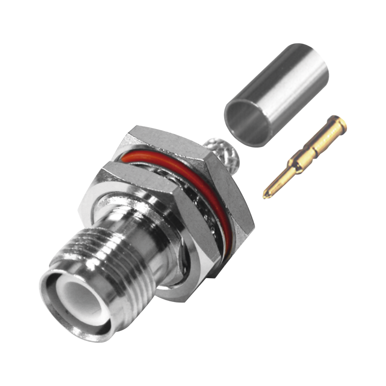 RP-1212-C-03 Conector TNC Hembra Inverso de Montaje Trasero en Panel, D-Plano, Chaflán en Rosca a 45 Grados, Hermético de Anillo Plegable para RG-58/U, Níquel/ Oro/ Teflón.