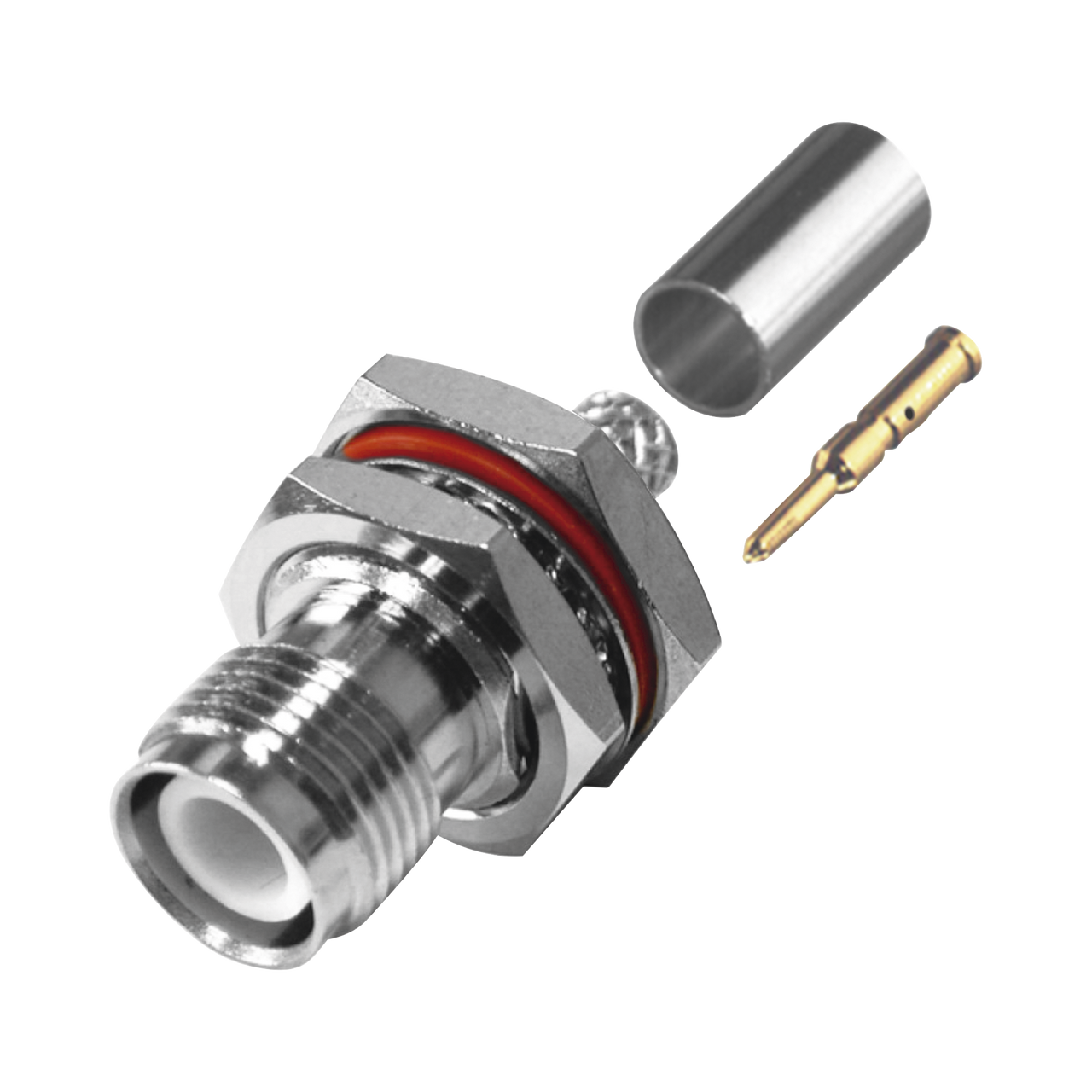 RP-1212-C1 Conector TNC Hembra Inverso de Montaje Trasero en Panel, D-Plano, Hermético de Anillo Plegable para RG-142/U, Níquel/ Oro/ Teflón.