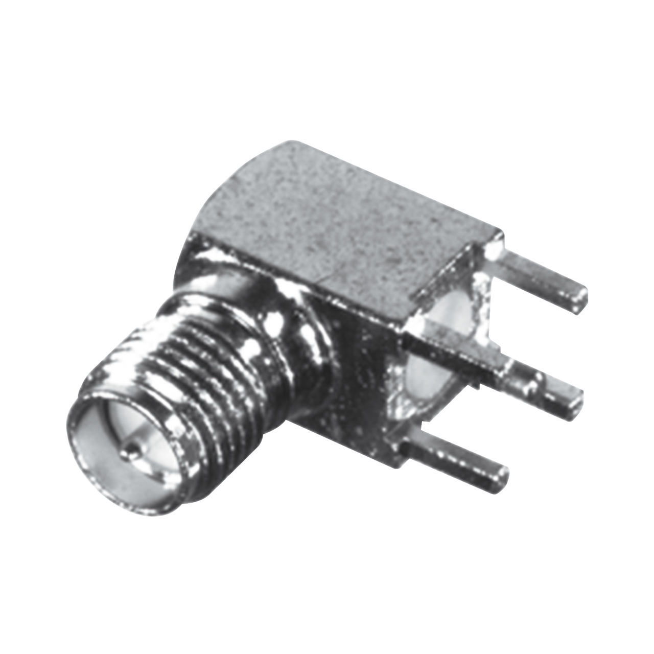 RP-3300-1 Conector SMA Hembra Inverso en Ángulo Recto con PIN Terminal y 4 Patas para Montaje PCB Coaxial, Oro/ Oro/ Teflón.