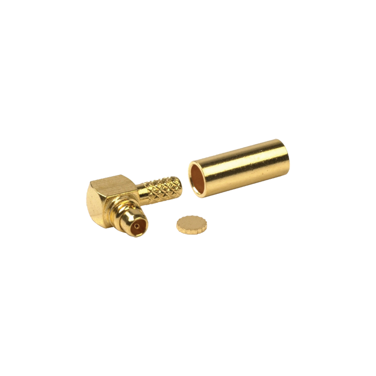RP-9010-1B Conector MMCX Macho Inverso en Ángulo Recto para RG-174/U, Grupo B, Oro/ Oro/ Teflón.