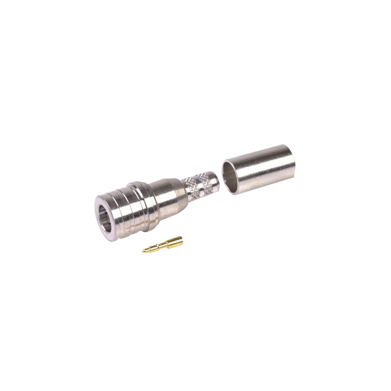 RQA-5000-C Conector QMA (Quick Mate) Macho, Anillo Plegable en RG-58/U, LMR-195, Bronce Blanco/Oro/Teflón.