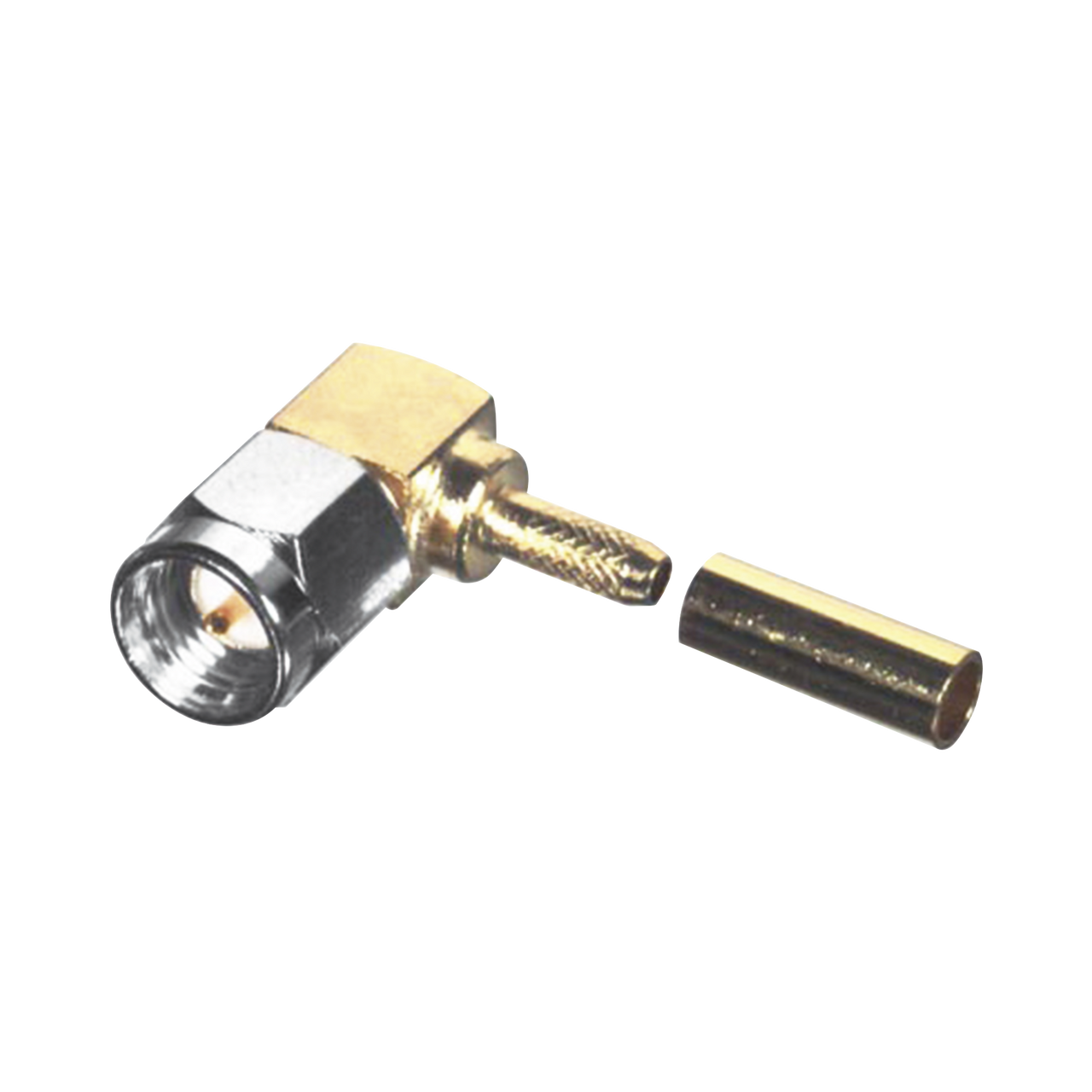 RSA-3010-1B-04 Conector SMA Macho en Ángulo Recto Para RG-174/U, Grupo B, Tuerca de Acoplamiento de Acero Inoxidable Oro/ Oro/ Teflón.