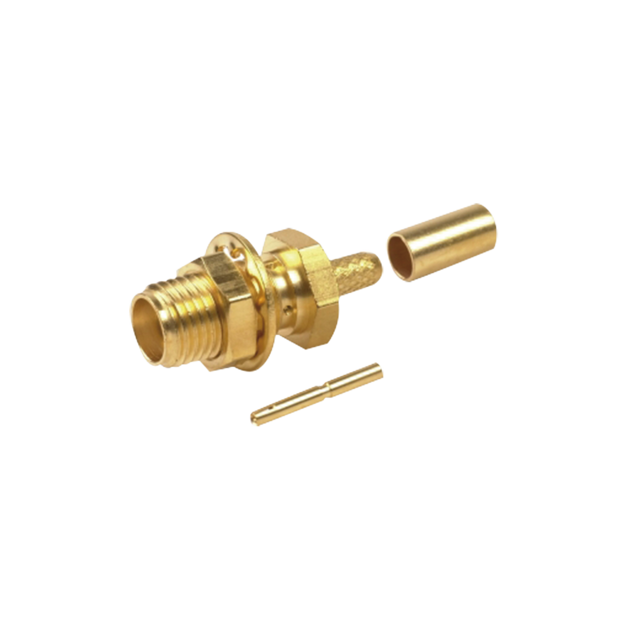 RSA-3252-1B Conector SMA Hembra para Chasis en D Plano, Anillo Plegable para cable RG-174/U, Oro/ Oro/ Teflón.