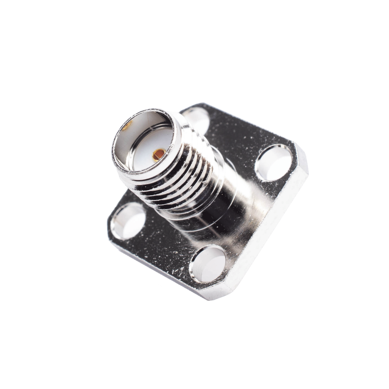 RSA-3271 Conector SMA Hembra, Montaje de Panel Cuadrado, 4 Perforaciones, Soldable, Niquel/ Oro/ Teflón.