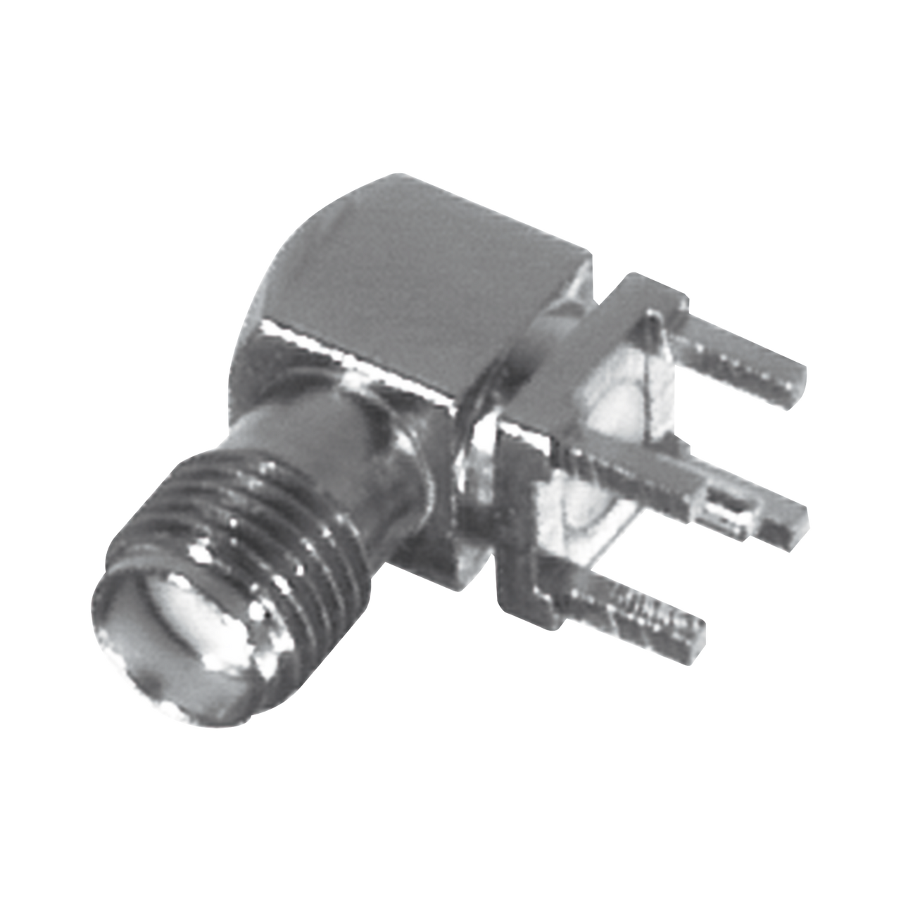 RSA-3300 Conector SMA Hembra en Ángulo Recto con Terminal y 4 Patas para Montaje PCB, Níquel/ Oro/ Teflón.â??