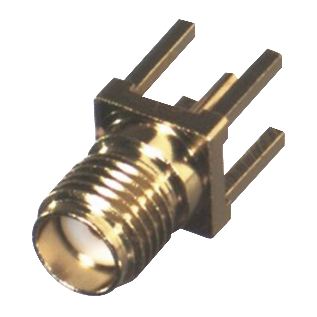 RSA-3350-2-1 Conector SMA Hembra de Montaje Vertical con Terminal y 4 Patas Largas para PCB, Oro/Oro/Teflón.