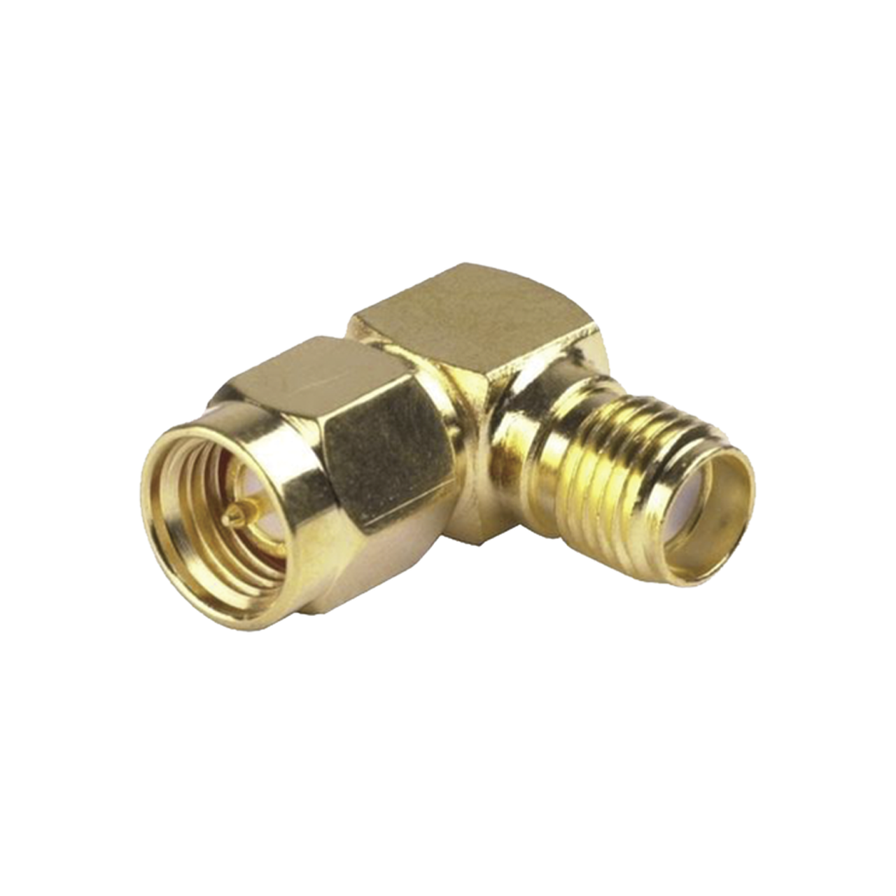 RSA-3402-1 Adaptador en Ángulo Recto, de Conector SMA Macho a SMA Hembra, Oro/ Oro/ Teflón.