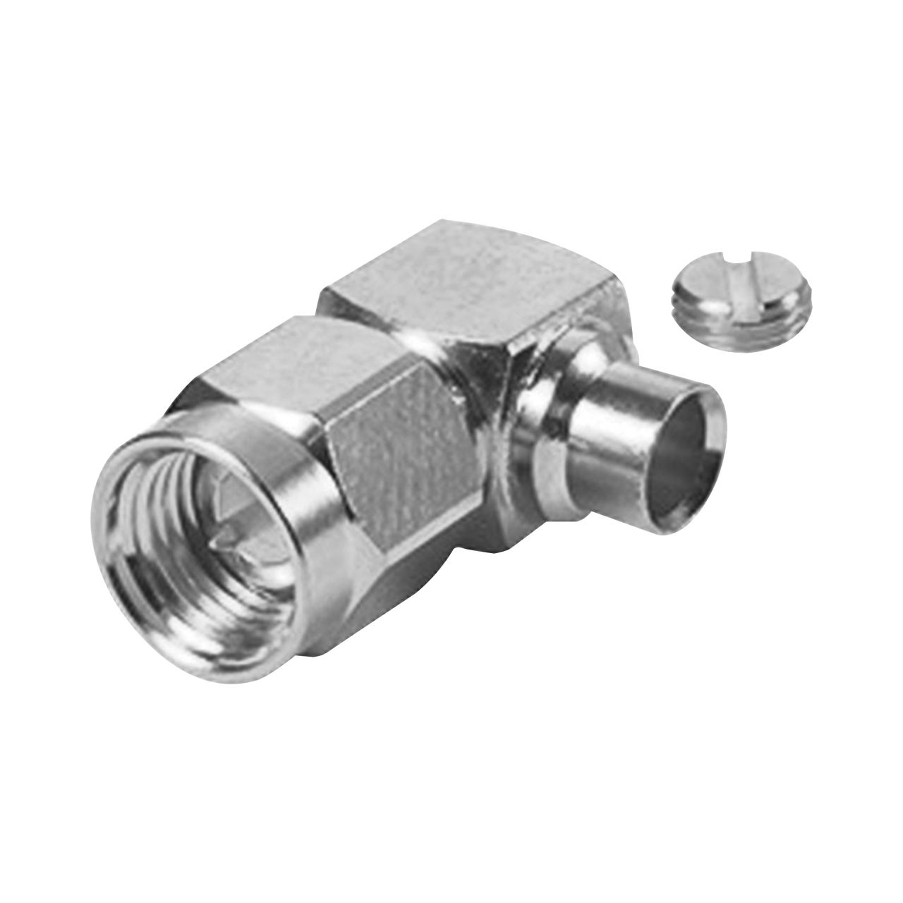 RSA-3510-141 Conector SMA Macho en Ángulo Recto para Cable Semi-Rígido de 0.141 de Diámetro, Níquel/ Oro/ Teflón.