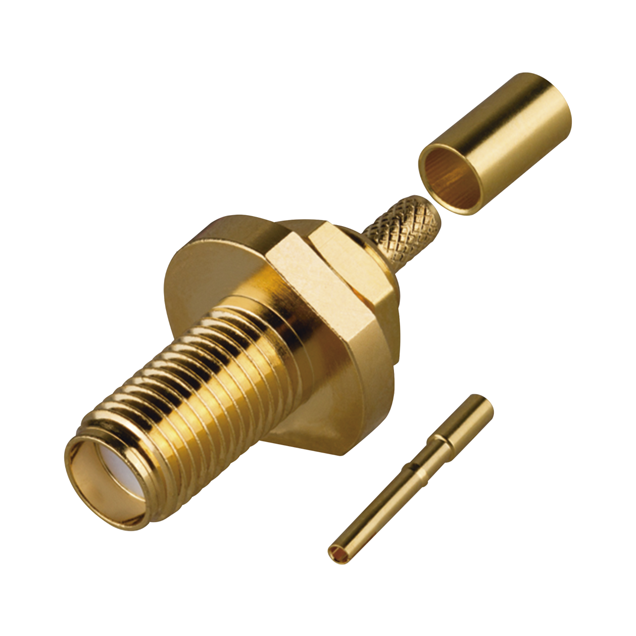 RT-3252-1B-04 Conector SMA Hembra de Rosca Izquierda, Montaje Frontal en Panel para Cables del Gurpo B, Oro/ Oro/ Teflón.