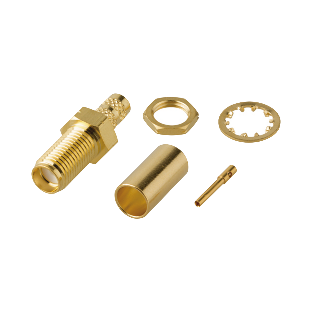 RT-3252-1C Conector SMA Hembra Rosca Izquierda para Panel, de Anillo Plegable para LMR-195, Grupo C, Oro/ Oro/ Teflón.