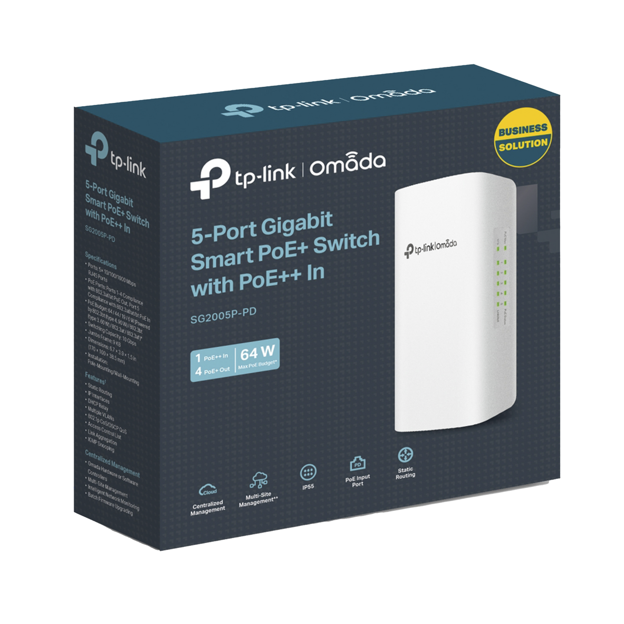 SG2005PPD Switch PoE Omada Para Exterior / 1 Puerto PoE++ IN 802.3 af/at/bt / 4 Puertos PoE+ OUT Gigabit / Adminstración Centralizada Omada