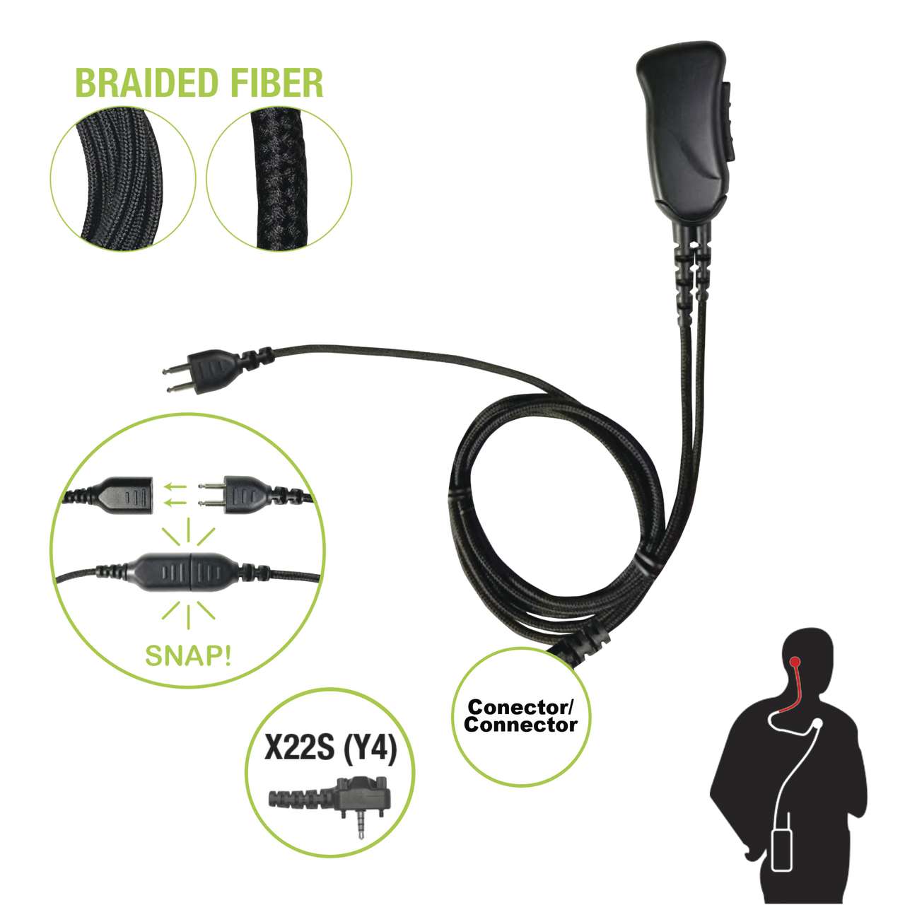 SNP-1W-22S-BF Micrófono con cable de fibra trenzada serie SNAP compatible con VERTEX VX-160/180/210/230/231/350/354/400/410/424/427.