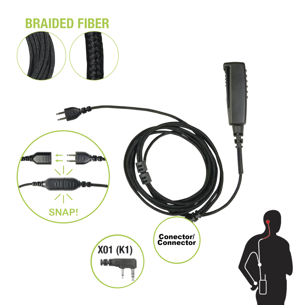SNP-2W-01-BF Cable para Micrófono audífono SNAP intercambiable con conector para Radios Kenwood con conector de 2 pines.