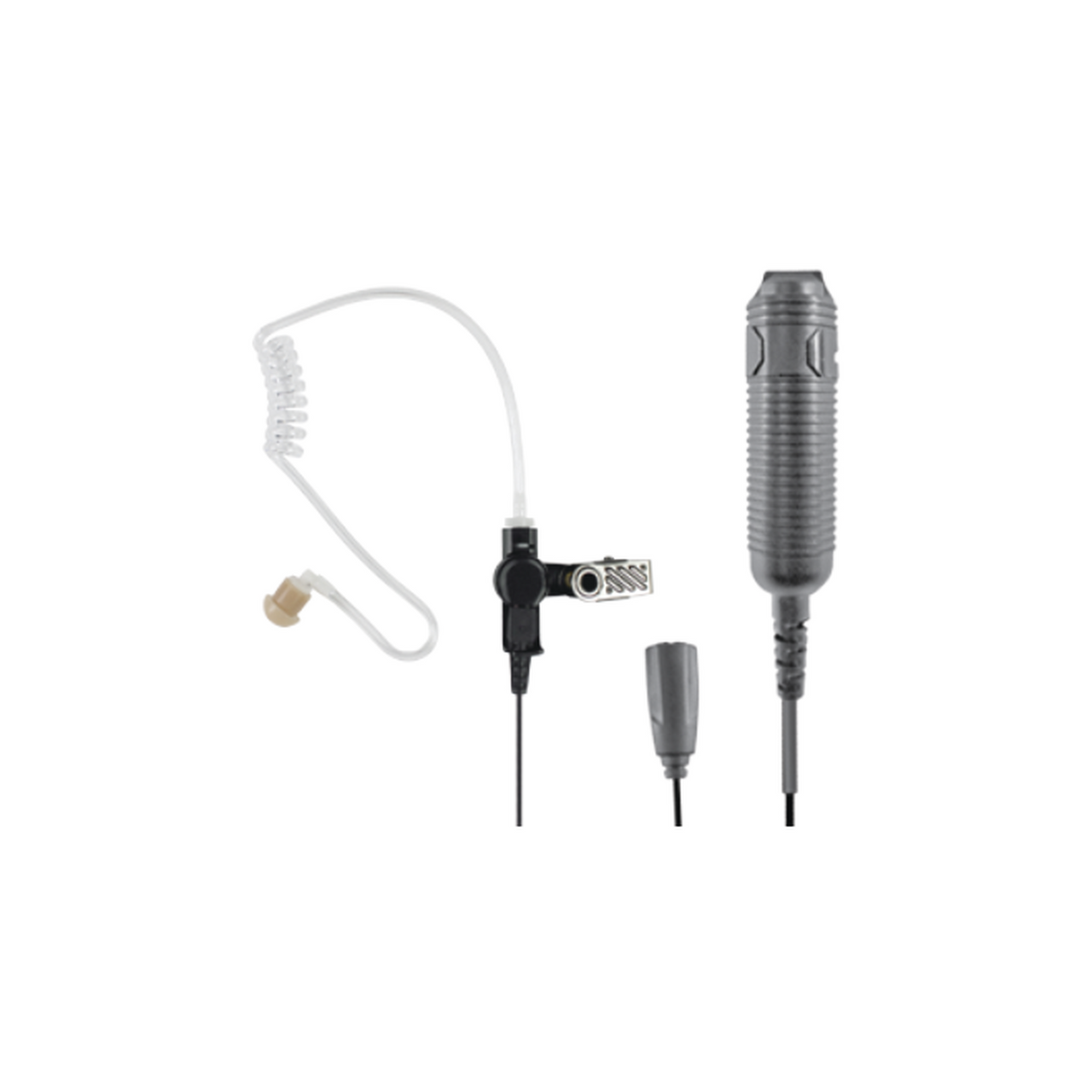 SPM3301S1 Heavy Duty 3-Wire Surveillance Kit: Features acoustic tube earphone with TWIST CONNECTOR, remote PTT switch and low-profile lapel microphone. Straight cable.