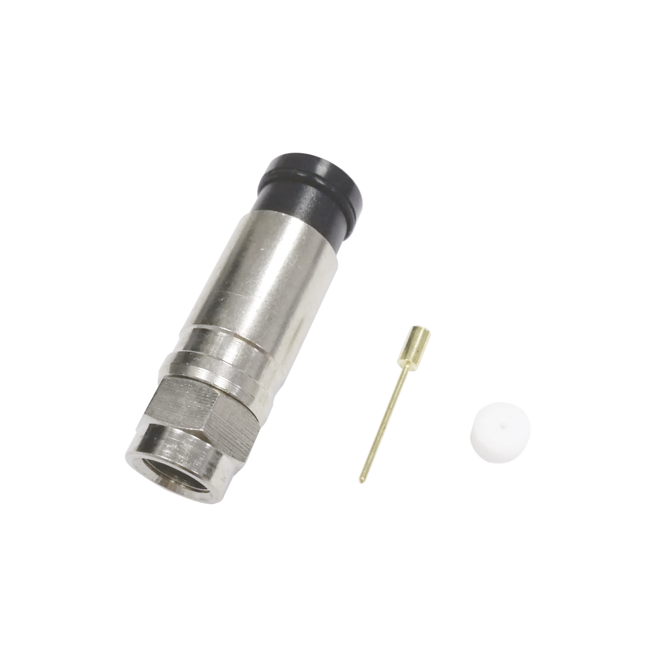 TT11-F02 Conector F Macho de Compresión Axial con Borne Negro para instalar en Cable Coaxial RG-11, 75 Ohm, Bronce-Niquelado.