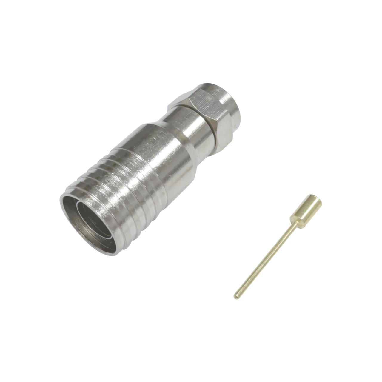 TT11-F03 Conector F Macho en 75 Ohm, Plegable para Instalar en Cables Coaxiales RG-11, Cuerpo de Bronce-Niquelado/ Teflón.