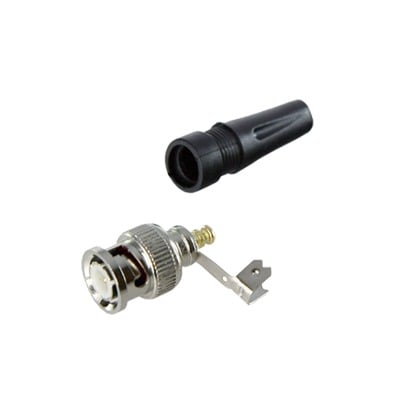 TT-RG-93 Conector BNC macho en 75 Ohm, para cable coaxial RG-59 / Con base de alivio negra de PVC, Níquel/ Oro/ PTFE.