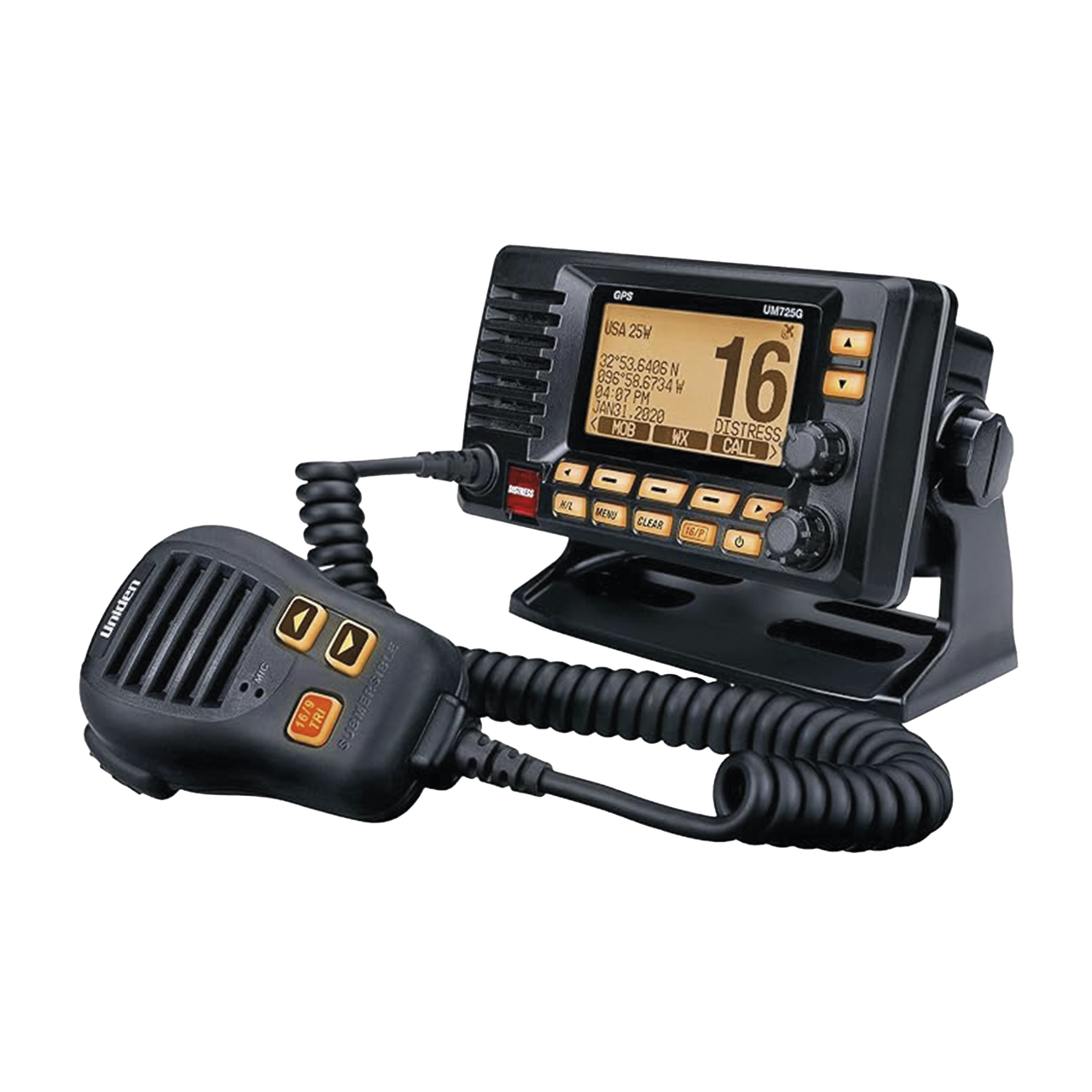 UM725GBK Radio Móvil Marino VHF, color negro con receptor de GPS integrado, puerto de conexión NMEA 2000, 25W de potencia de RF, sumergible IPX8.